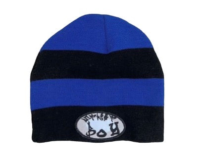 Embroidered black and blue striped beanie